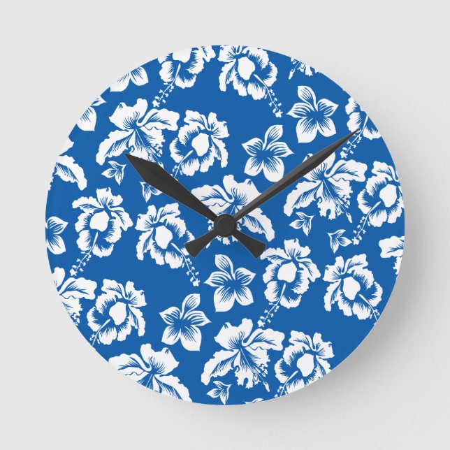 Hawiian Blue Flower Pattern Round Clock (Front)