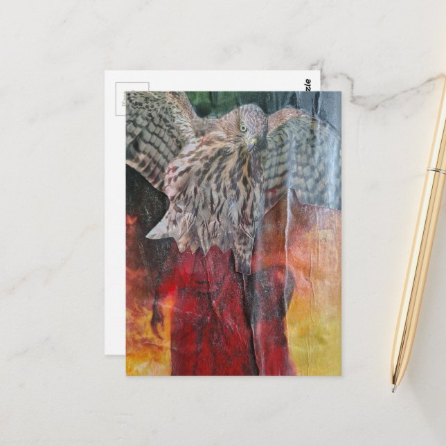 Hawk in a red dress fantasy collage postcard (Front/Back In Situ)