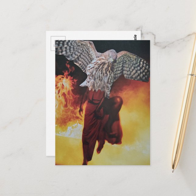 Hawk in a red dress fantasy collage postcard (Front/Back In Situ)