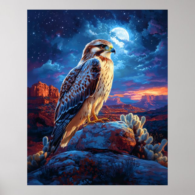 Hawk in the Desert Under a Full Moon Poster (Front)