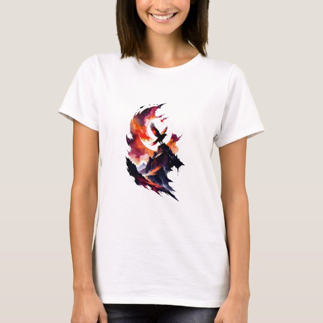 Hawk on Abstract Watercolor Landscape T-Shirt (Front)