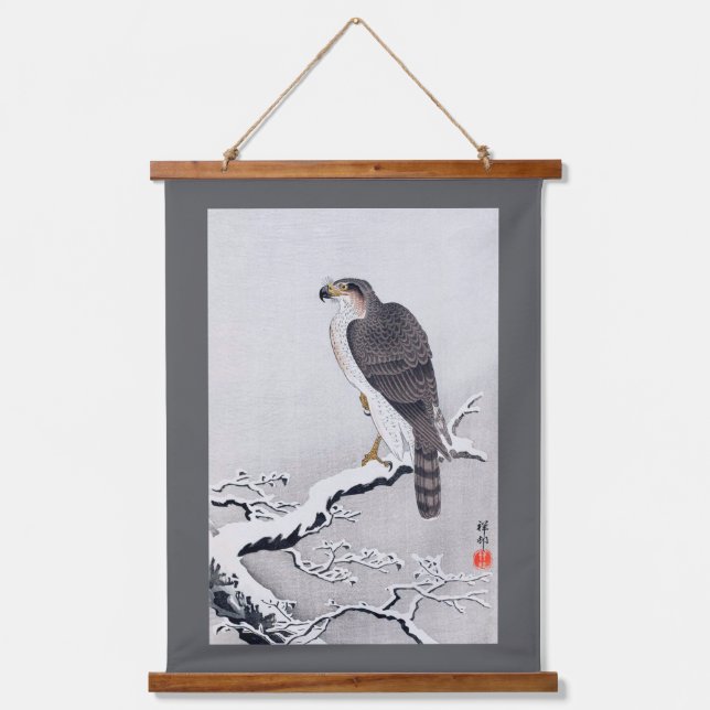 Hawk on Snow Covered Branch, Ohara Koson Hanging Tapestry (Front)