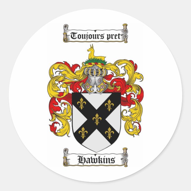HAWKINS FAMILY CREST -  HAWKINS COAT OF ARMS CLASSIC ROUND STICKER (Front)