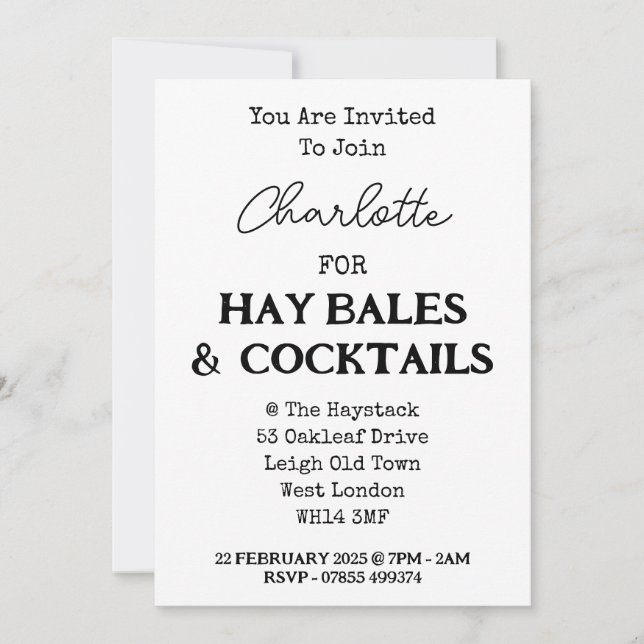 Hay Bales And Cocktails Elegant Bachelorette Party Invitation (Front)
