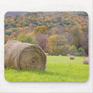 Hay bales and fall foliage on farm, mouse mat
