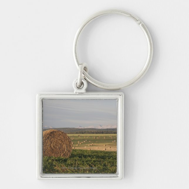 Hay Bales In A Field With Mountains At Sunrise Key Ring (Front)