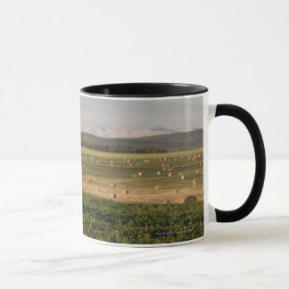 Hay Bales In A Field With Mountains At Sunrise Mug