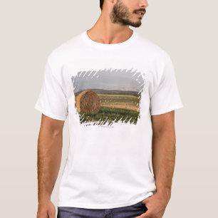 Hay Bales In A Field With Mountains At Sunrise T-Shirt