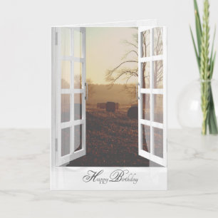 hay bales in misty field birthday card