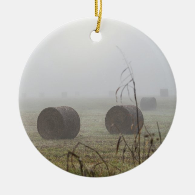 Hay Bales In The Fog Ceramic Tree Decoration (Front)