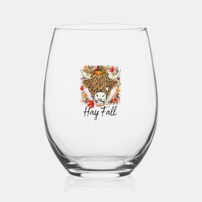 Hay Fall Highland Cow Leopard Thanksgiving Heifer  Stemless Wine Glass (Front)