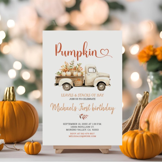 Hay Leaves Pumpkin Fall Birthday Party White Truck Invitation (Creator Uploaded)