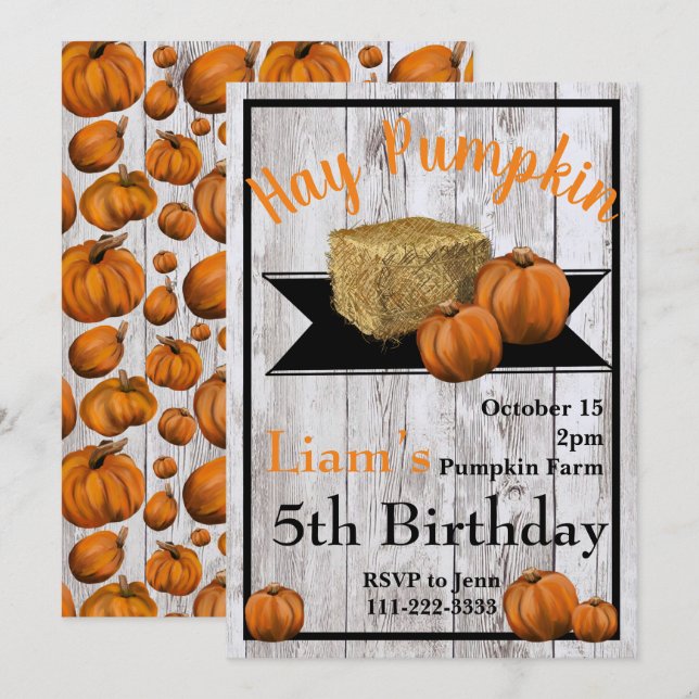 Hay Pumpkin Fall Birthday Party Invitation (Front/Back)