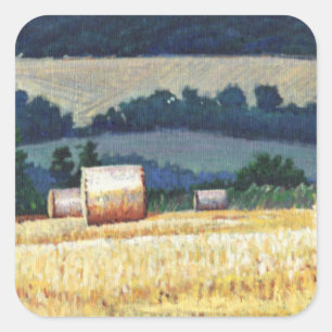 Haybales on hillside oil on canvas square sticker