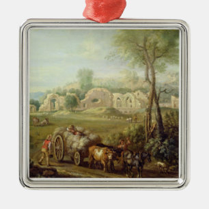 Haycart Passing a Ruined Abbey, c.1740-50 (oil on Metal Tree Decoration