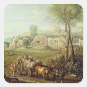 Haycart Passing a Ruined Abbey, c.1740-50 (oil on Square Sticker