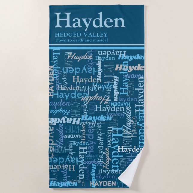 Hayden personalised name meaning shades of blue beach towel (Front)