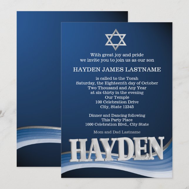 Hayden Steel Wave Name Bar Mitzvah Invitation (Front/Back)
