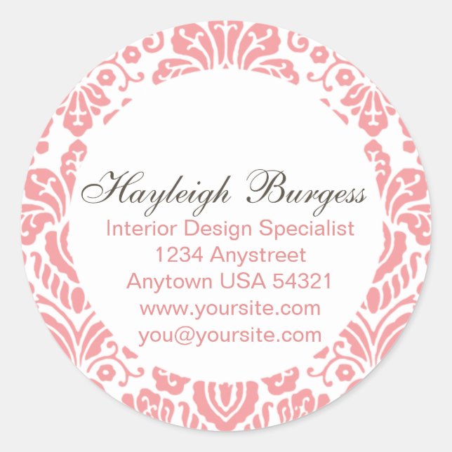Hayleigh Pink Damask Chic Round Sticker (Front)