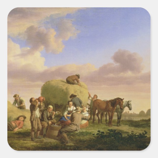 Haymakers resting in a field square sticker (Front)
