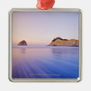 Haystack Rock At Dawn Blurred Blue Purple Waves Metal Tree Decoration
