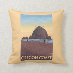 Haystack Rock Vintage Travel Poster Cushion