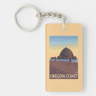Haystack Rock Vintage Travel Poster Key Ring