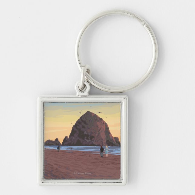 Haystack Rock Vintage Travel Poster Key Ring (Front)