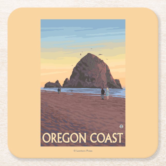 Haystack Rock Vintage Travel Poster Square Paper Coaster (Front)