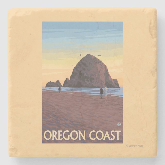Haystack Rock Vintage Travel Poster Stone Coaster (Front)