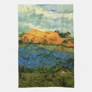 Haystacks Under a Rainy Sky by Vincent van Gogh Tea Towel