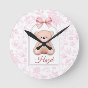 Hazel Custom Pink Teddy Bear Nursery Design Round Clock