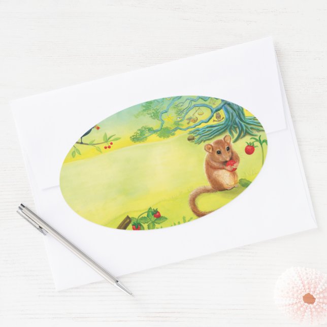 Hazel Dormouse Eating Wild Strawberry  Oval Sticker (Envelope)