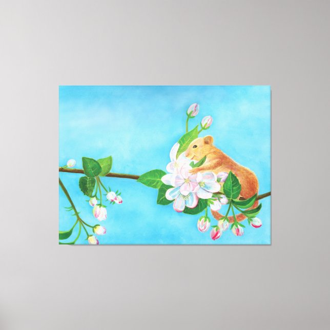 Hazel Dormouse on a blooming branch  Canvas Print (Front)
