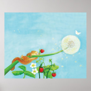 Hazel Dormouse, wild strawberries & dandelion puff Poster