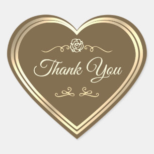 Hazelnut Brown and Gold Vintage Rose Thank You Heart Sticker