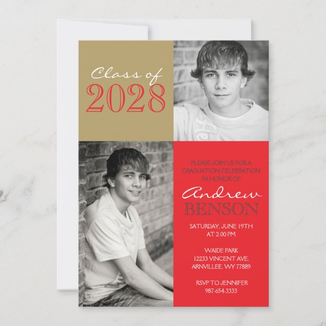 Hazelnut Gold and Red Classic 2 Photo Graduation Invitation (Front)