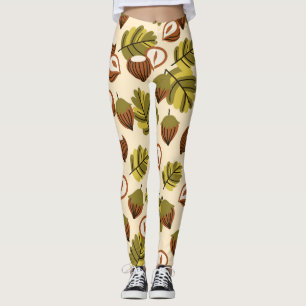 Hazelnut Leaves Acorns Seamless Pattern Leggings