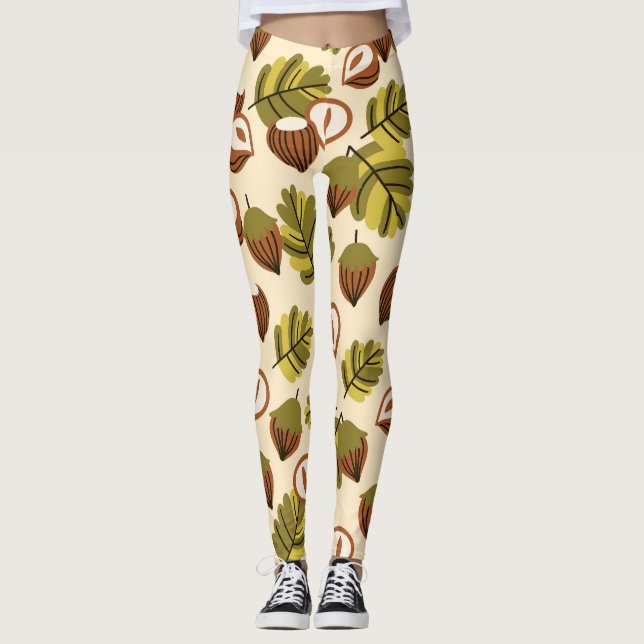 Hazelnut Leaves Acorns Seamless Pattern Leggings (Front)