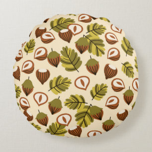 Hazelnut Leaves Acorns Seamless Pattern Round Cushion