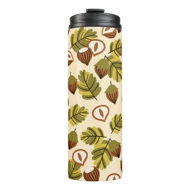 Hazelnut Leaves Acorns Seamless Pattern Thermal Tumbler (Front)