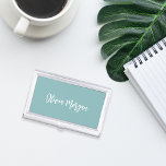 Hazy Aqua Sketched Cursive Script Business Card Holder<br><div class="desc">Elegant business card case features your name,  title,  or choice of personalisation in white hand scripted cursive lettering on a dusty teal terracotta background.</div>