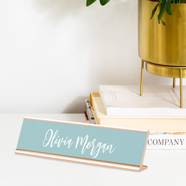 Hazy Aqua Sketched Cursive Script Desk Name Plate (Creator Uploaded)