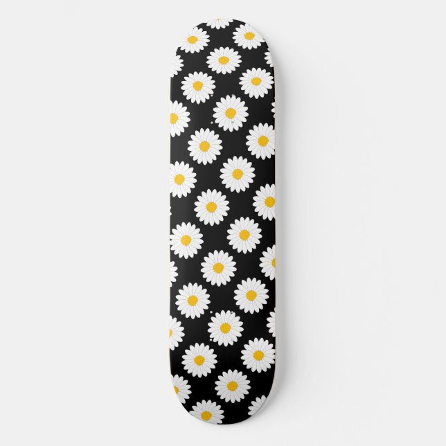 Hazy Daisy Flower Pattern Black Skateboard (Front)