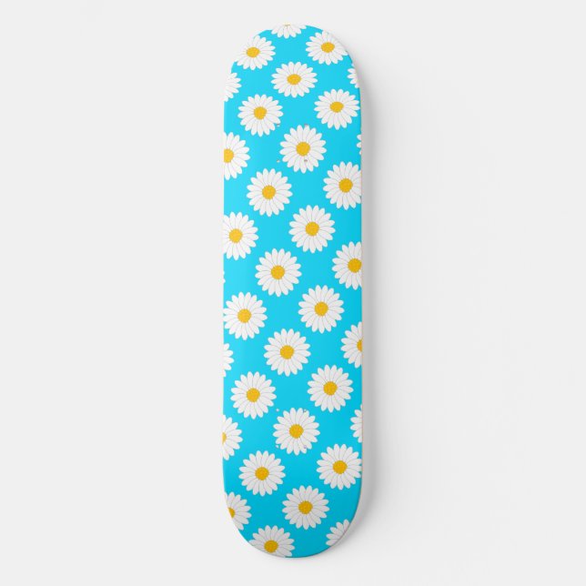 Hazy Daisy Flower Pattern Sky Blue Skateboard (Front)