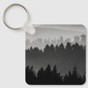 Hazy Forest Hills Black and White Landscape Photo Key Ring