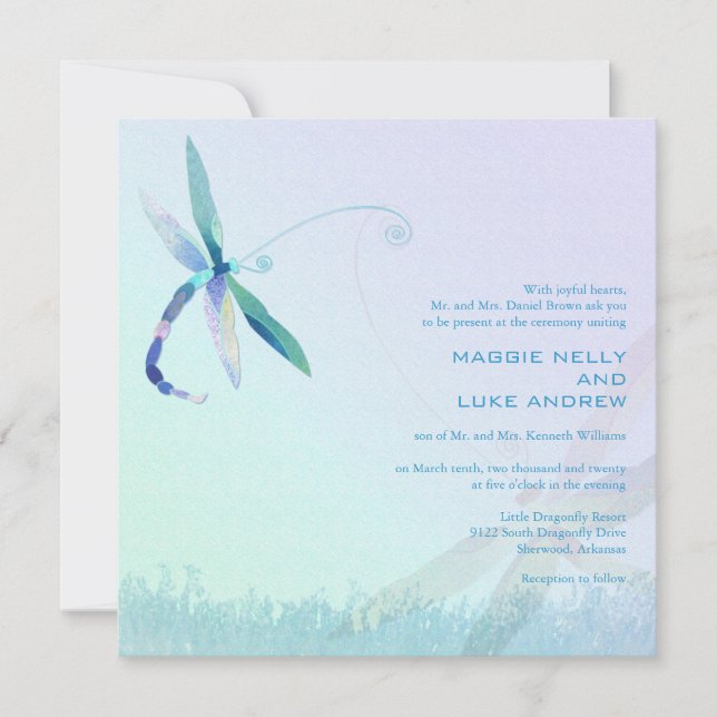 Hazy Morning Blue Dragonfly Wedding Invitation (Front)