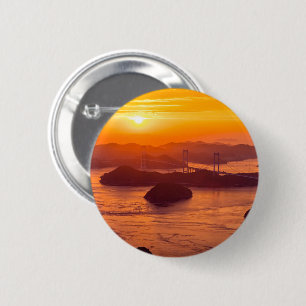 Hazy sunset on Kurushima Kaikyo Bridge and Kurushi 6 Cm Round Badge