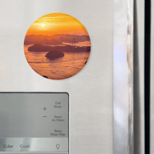 Hazy sunset on Kurushima Kaikyo Bridge and Kurushi Magnet