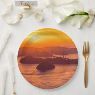 Hazy sunset on Kurushima Kaikyo Bridge and Kurushi Paper Plate